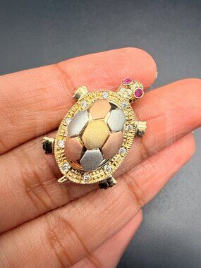 14K Tri Color Gold Cubic zirconia Turtle Pendant